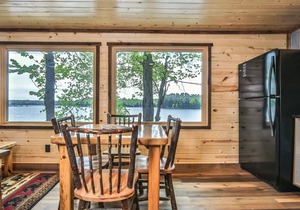 Remodeled lakeside resort cabin with fireplace, sandy beach, dock, firepit!