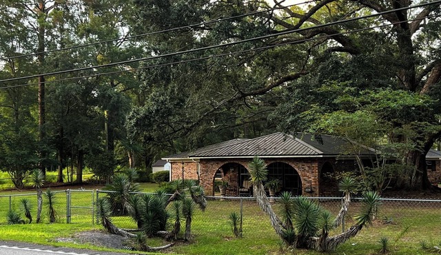 Large fenced in home under a giant, moss covered, southern oak tree.