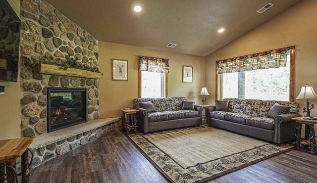 Modern dog-friendly cabin with hot tub, gas fireplace, patio, grill, & W/D